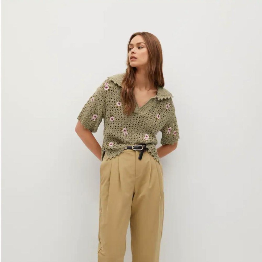Mango Olive Green Crochet Short Sleeve Top with Pink Floral Detail